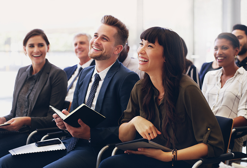 Diversity, happy or business people in workshop success presentation, business meeting or company seminar. Teamwork, collaboration and startup worker with smile for tradeshow or conference audience