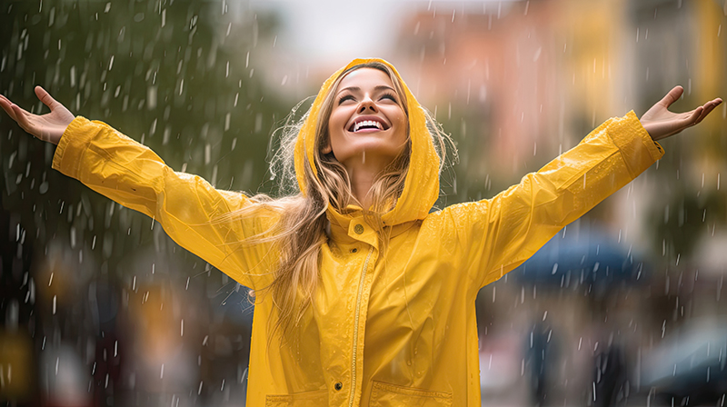 Cheeful woman dancing in the street in rain coat. Generative Ai
