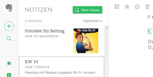 Darstellung von Notizen bei Evernote im Browser