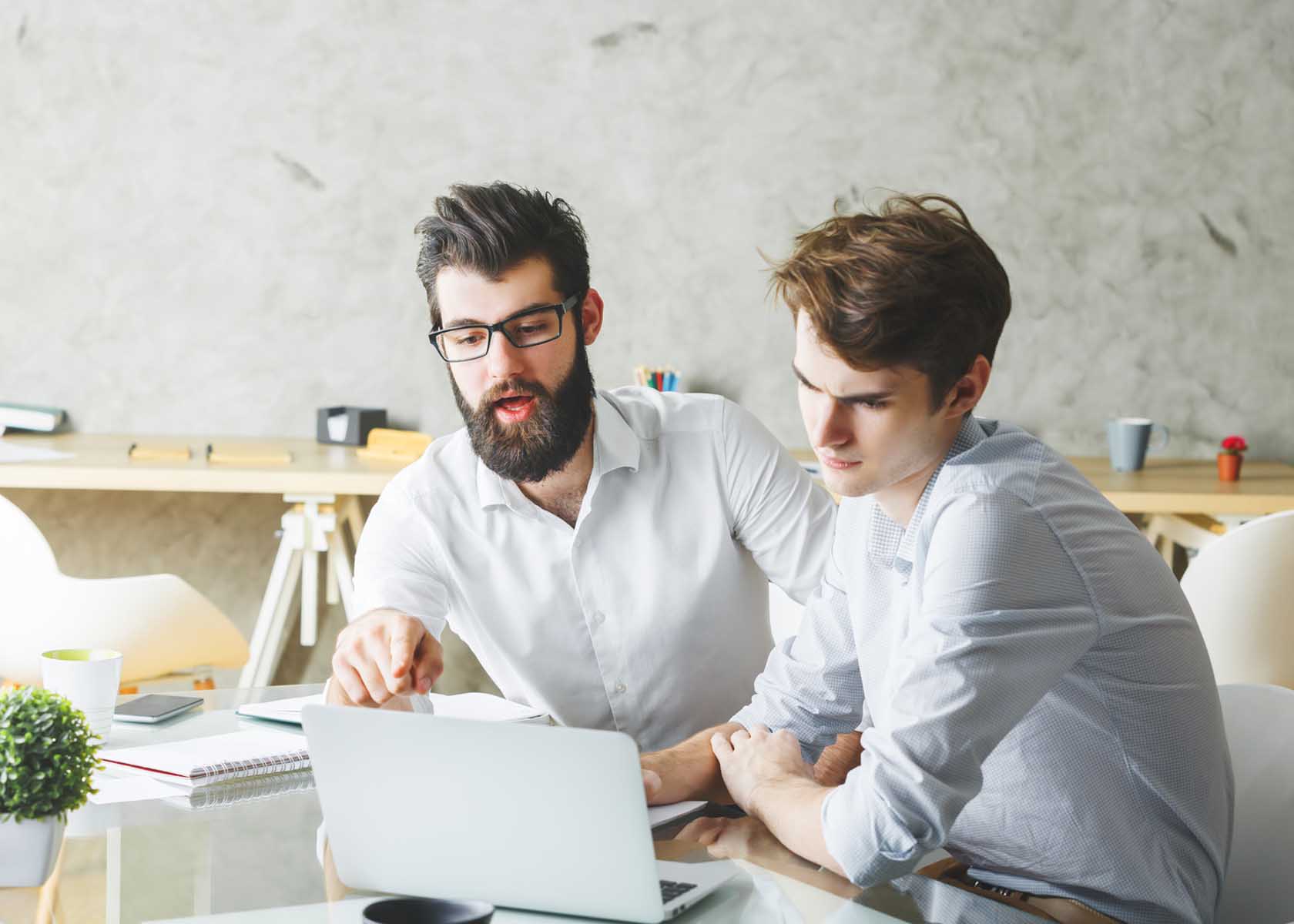 Two attractive businessmen working on project together