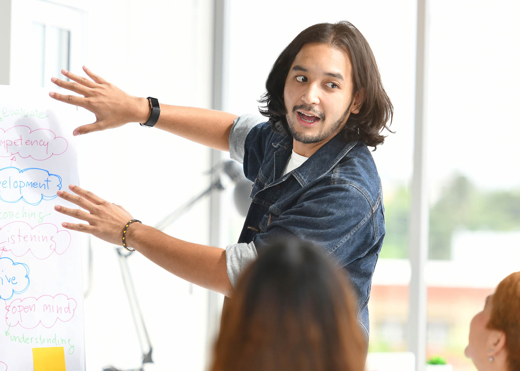 Young Asian businessman giving presentation on future plans to h