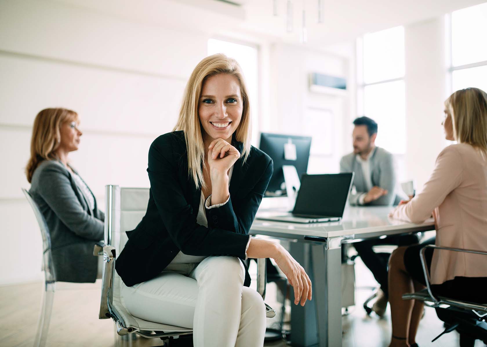 Picture of attractive sales workers on meeting in office